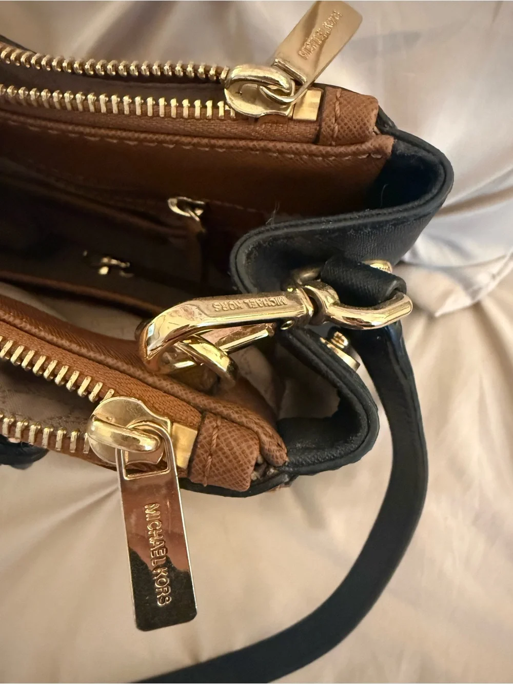 MICHAEL KORS Brown and Black Saffiano Leather Satchel with Gold Hardware